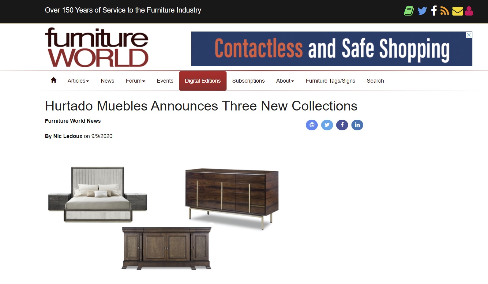 Artículo sobre HURTADO MUEBLES en "Furniture World" Volumen 150 nº 5 Septiembre-Octubre 2020